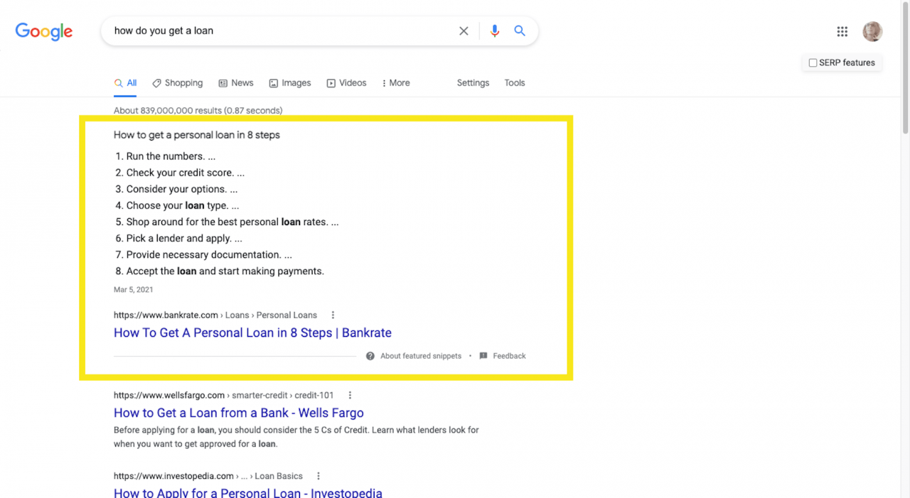A featured snippet example from Google that answers "how to get a loan"