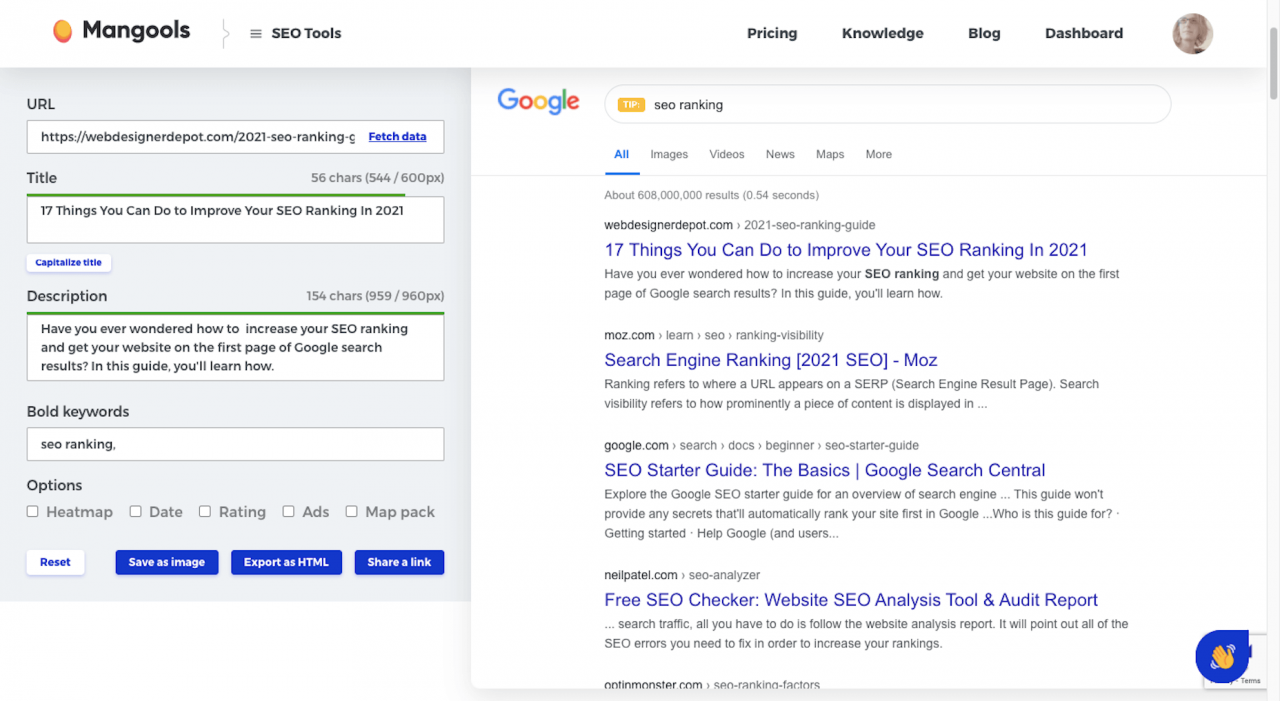 Mangools SERP Simulator helps webmasters refine title tag and meta description