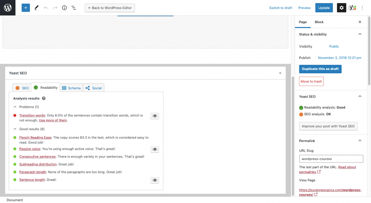 Yoast analysis and tips for content readability