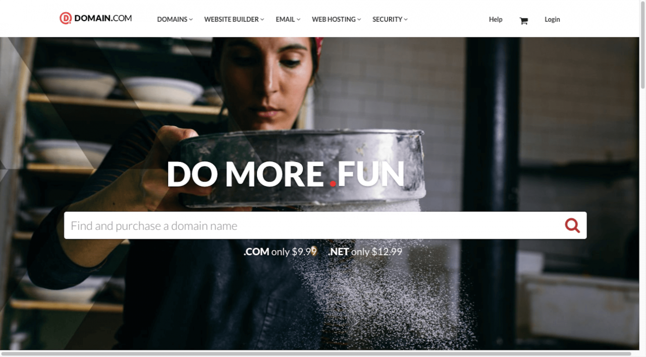 The homepage for Domain.com, a place to register your new business's domain name